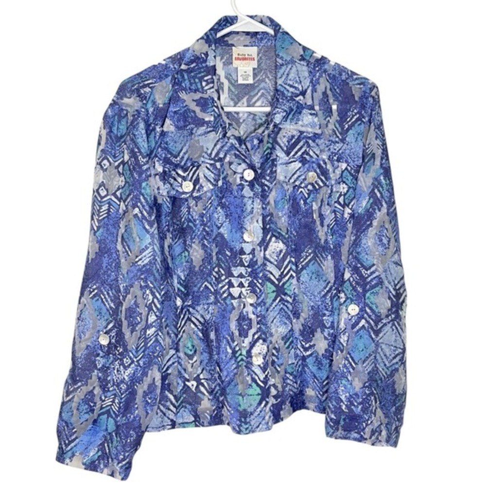 Ruby Rd. Favorites 14 Blue Ikat Button Front Jacket Roll‎ Tab Sleeve Bohemian